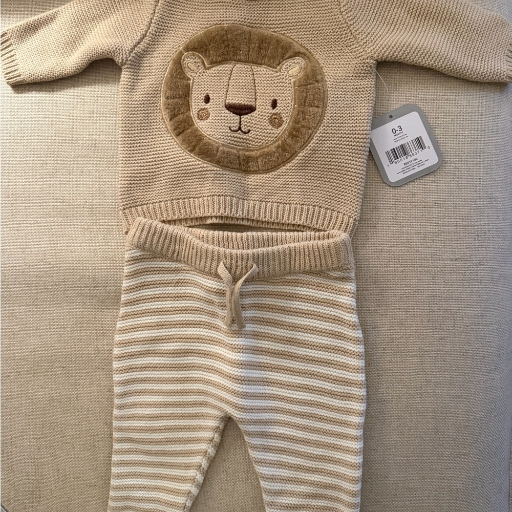 Rene Rofe baby Beige and Cream Lion Knit Matching Set 100% cotton 0-3 Months